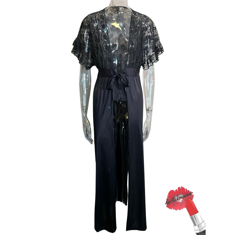 Vintage‎ Peignoir Robe Nightgown Womens Medium Black Nylon Lace USA Feminine